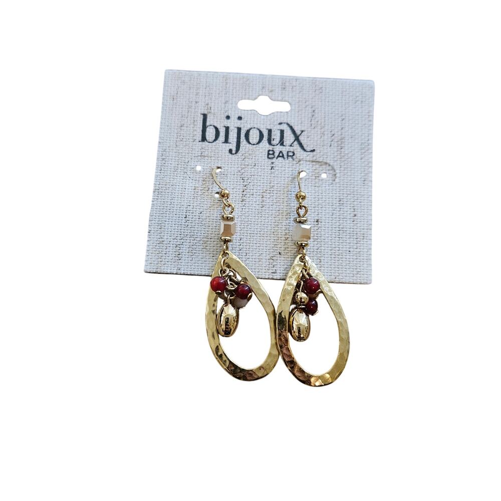 Bijoux Bar Gold Tone Hammered Teardrop Beaded Dangle Earrings NWT $24